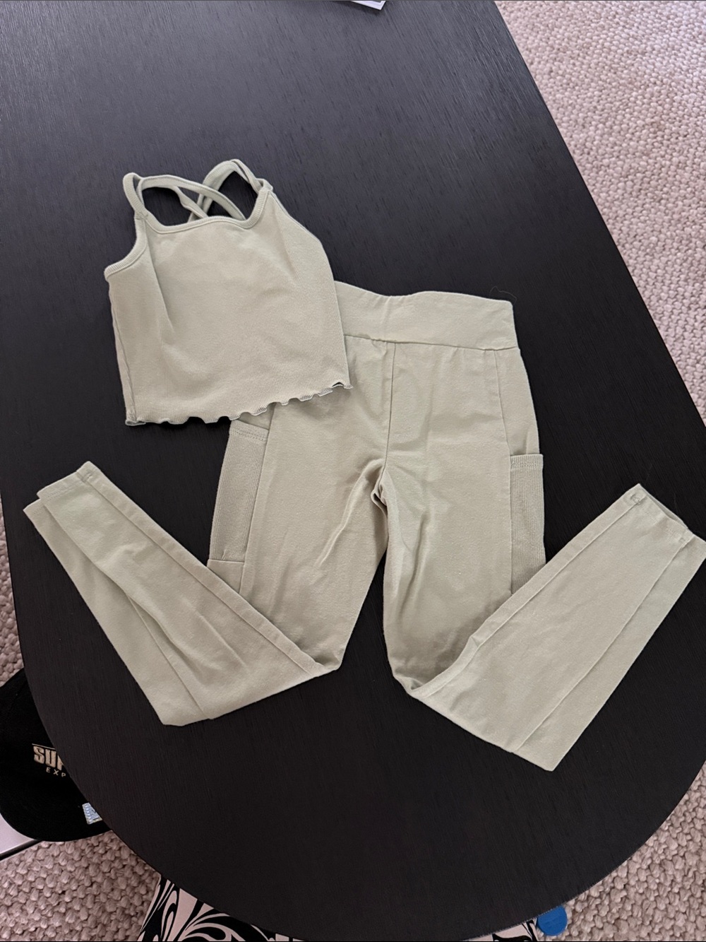 New girls Light Sage Ribbed Crop Tank & High-Waist Leggings Set small (6-7)